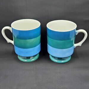 MCM 1966 Holt Howard Footed Pedestal Mugs (pair) 7932  Blue Green Stripes Japan